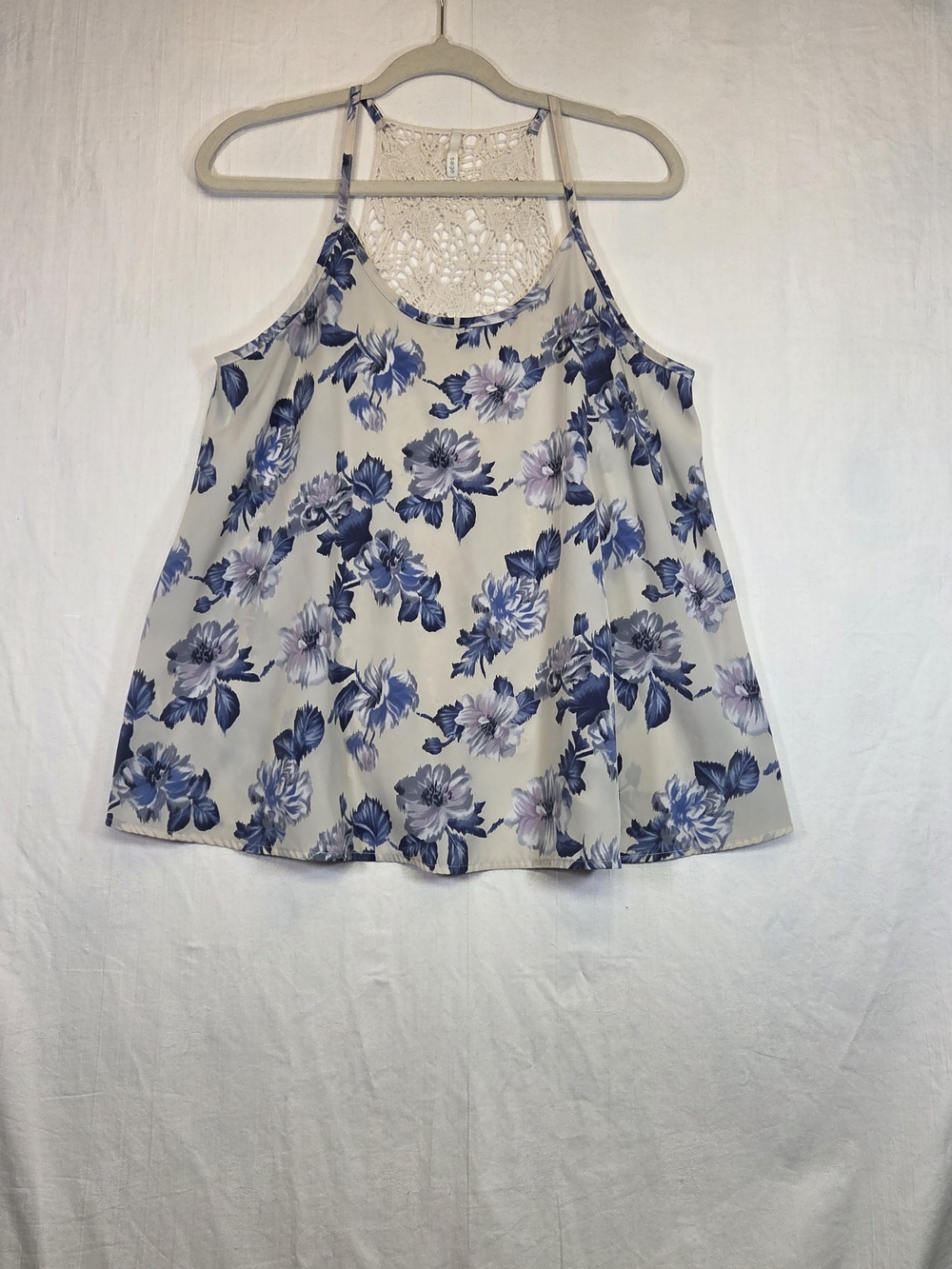 Sage Blue Floral Crochet Lace Back Swing Tank Top Large Made in USA Boho. #0349